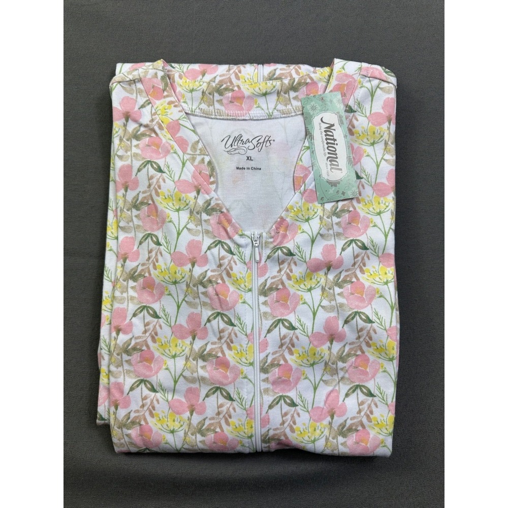 National UltraSofts Floral Zip Front Lounger Robe XL Pink Yellow House Dress